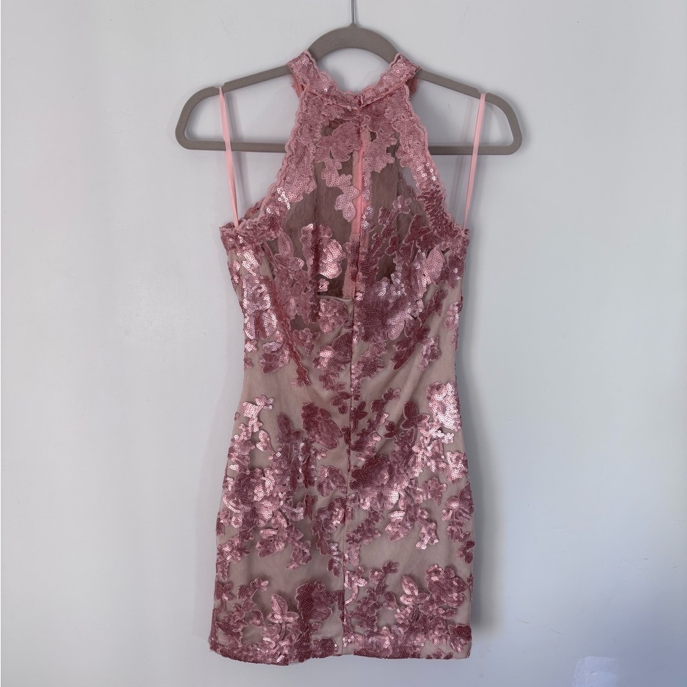 Va Va Voom Women’s Pink Sequin Above Knee Mini Dress High collar Zip back Size M - Picture 5 of 12